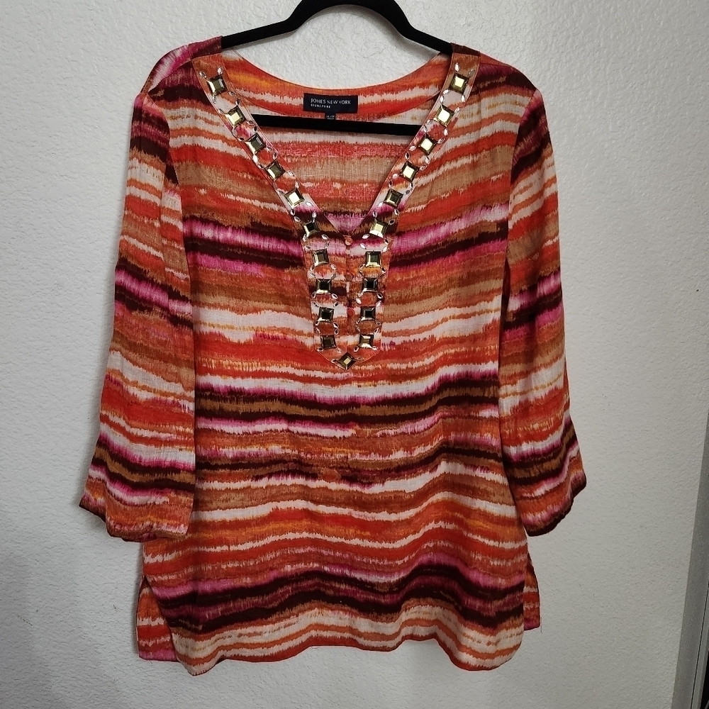 Linen Jewel Top Women's Size Xlarge Coastal Grandma Vacation Resortwear